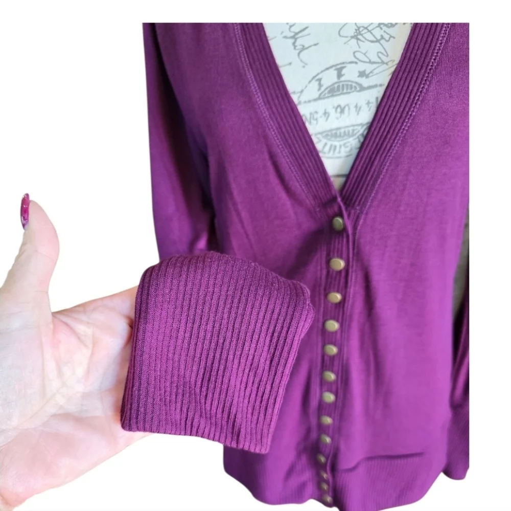 Zenana Dark Plum Snap Button Long Sleeve Cardigan Sweater L - Picture 6 of 11